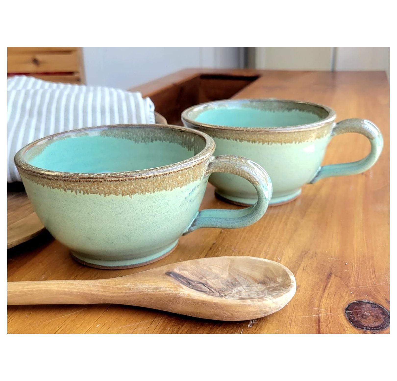 Handmade Ceramic Soup Bowls With Handles Set of 2 Deep Large Rustic Chowder Green Bronze Drip Speckle 20 Oz
